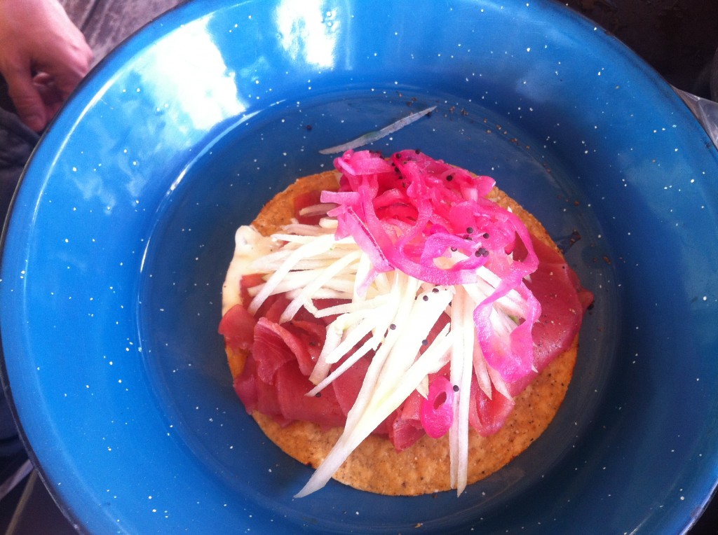 Sushi grade tuna tacos in Mexico! Mmmm, my favourite. Fresh fish with spicy sauce!